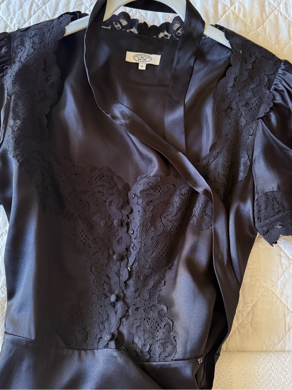 Mirror Palais Black Silk Lace-Trim Puff Sleeve Mini Dress - Picture 3 of 4